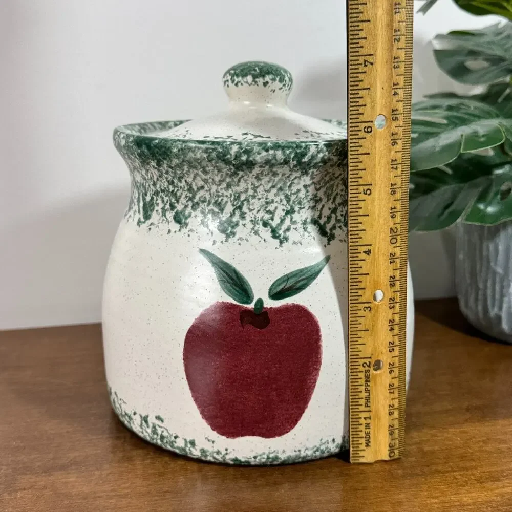Vintage 80s Apple Cookie Jar Canister Medium Green Spongeware Ceramic Signed